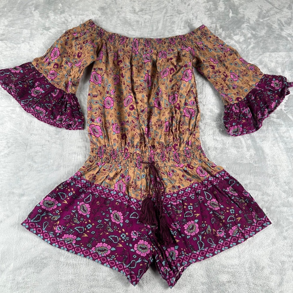 RAGA Romper Women XS Plum Tan Off Shoulder‎ Bell Sleeve Floral Paisley Boho